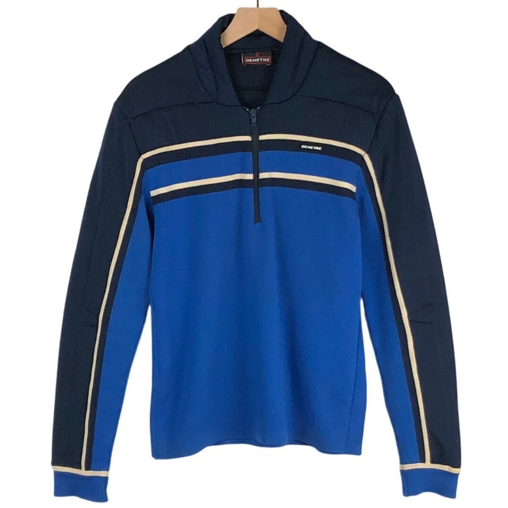 VTG DEMETRE 100% Wool 1/4 Zip Ski Sweater Men's L Blue Navy Made in USA Retro